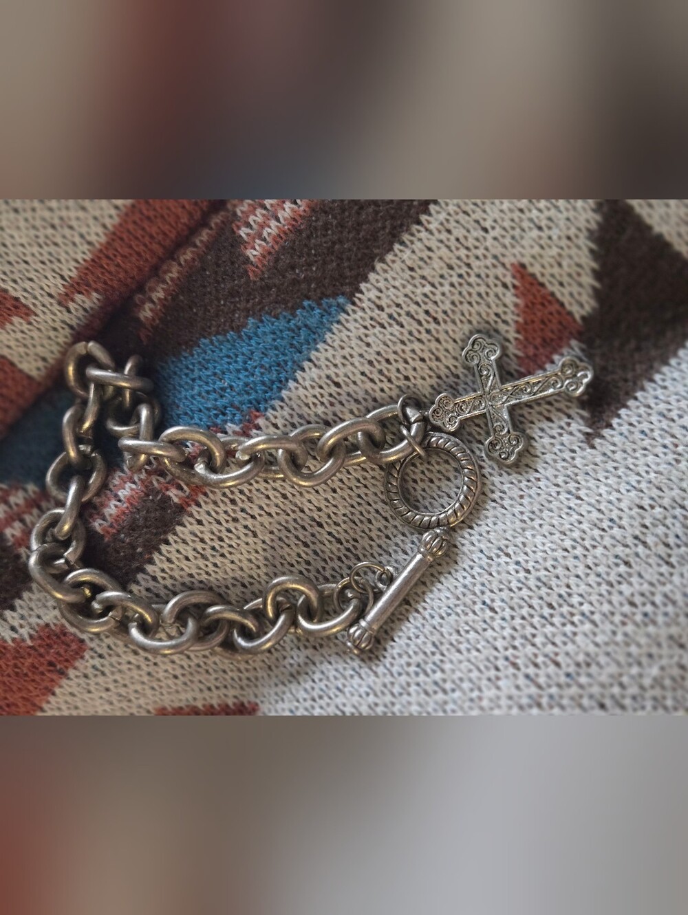 Sterling Silver Cross Toggle Bracelet - Silver